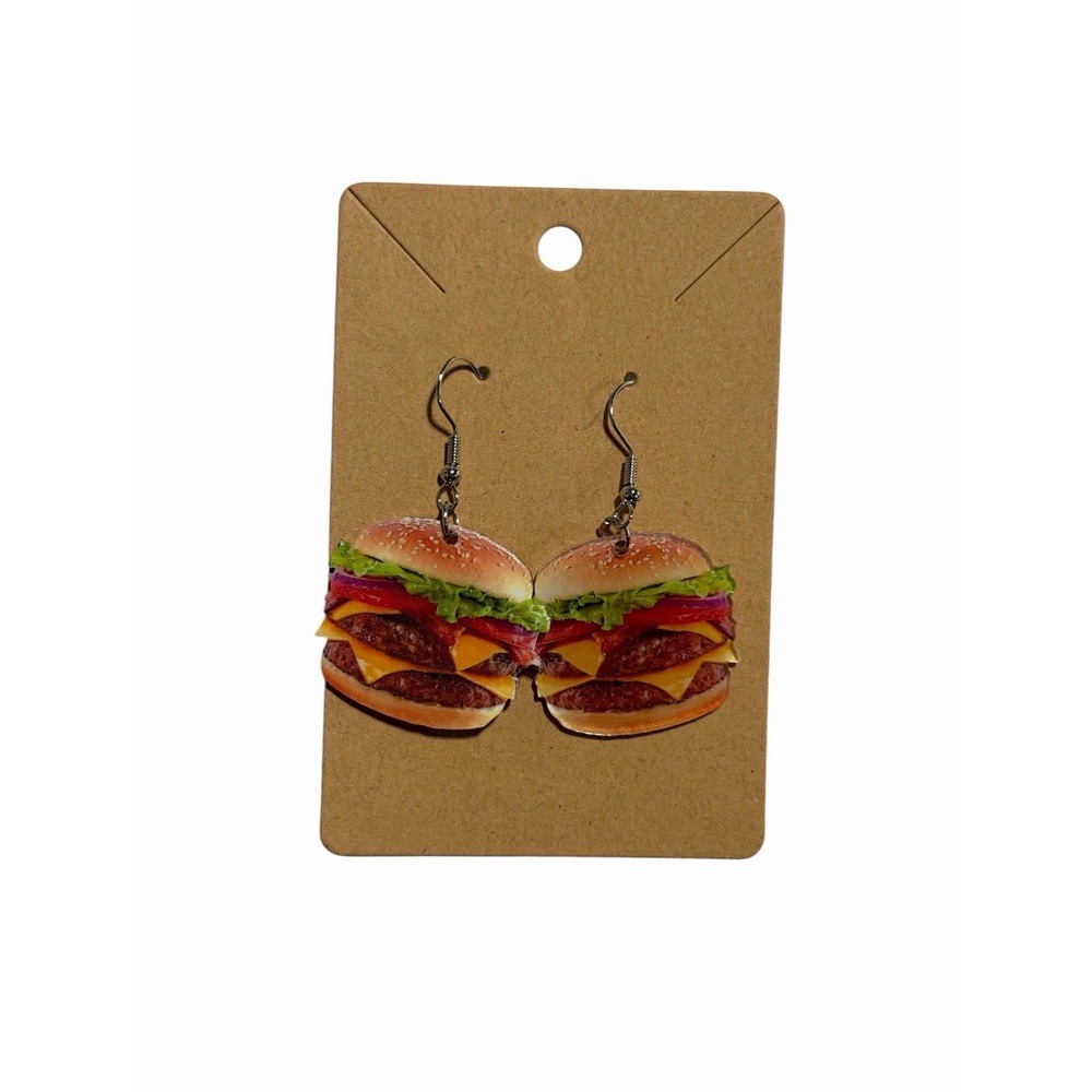 Cheeseburger Dangle Earrings Realistic Food Jewelry Quirky Novelty Gift Brown
